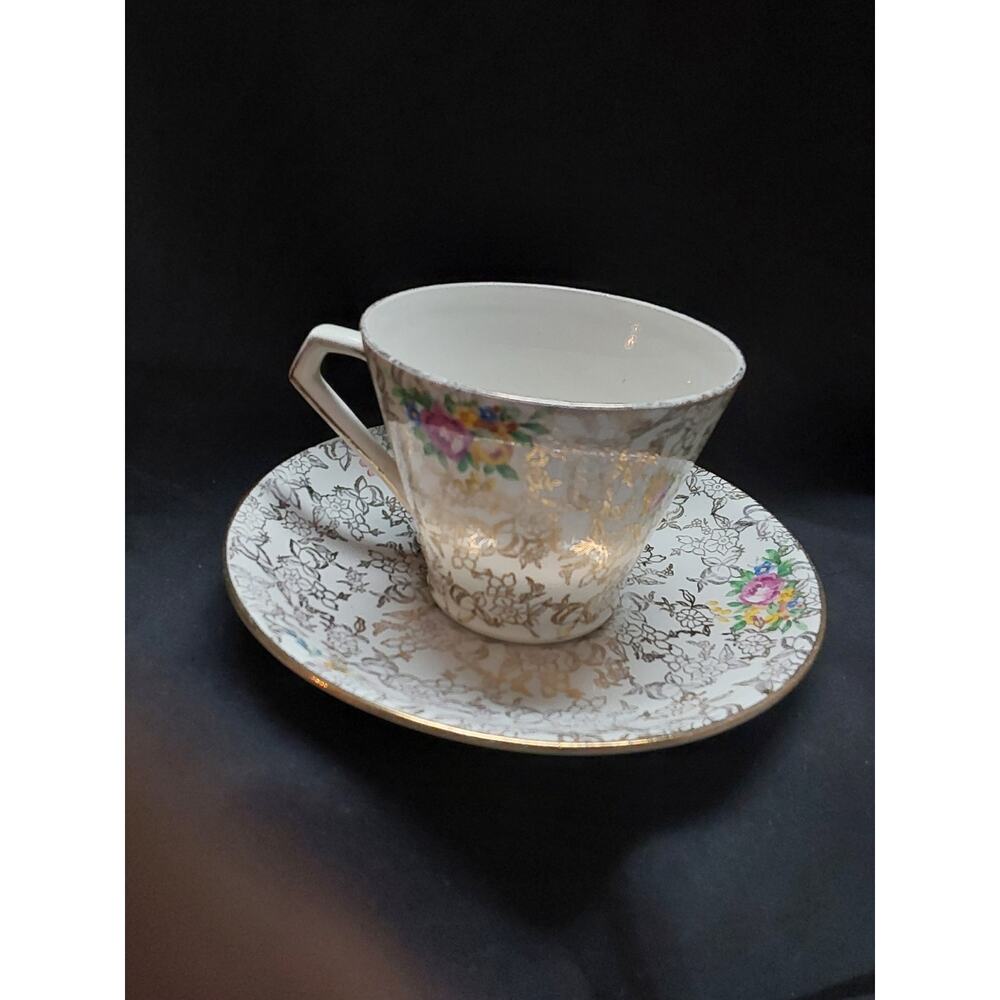 Lord Nelson Ware Teacup and Saucer Chintz Floral on gold Made in England